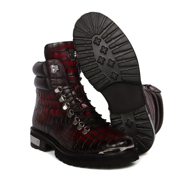 Smokey Wine Lace-Up Chunky Boots Metal Plate Zip Closure Croco Textured Leather By Brune & Bareskin