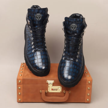 Smokey Blue Chunky Boots With Croco Textured Leather