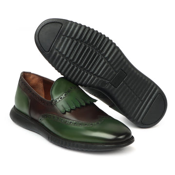 Dual Shade Light Weight Leather Loafer with Green-Dark Brown Wingtip Brogue Fringes