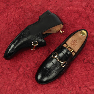 Men's Black Horse bit Loafers with Cut Croco Leather by Brune & Bareskin