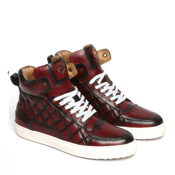 Wine Diamond Stitched Design High Ankle Leather Sneakers By Brune & Bareskin