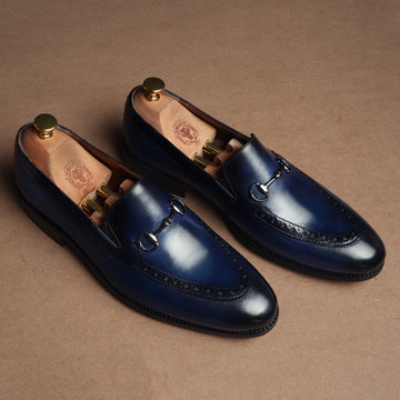 Blue Brogue Leather Loafer with Horse bit Detailing