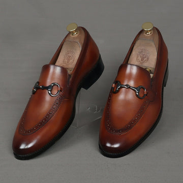 Horse-bit Detailing Leather Loafers Tan Punching Brogue Design