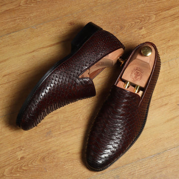 Brown Snake Scale Textured Leather Slip-on by BARESKIN