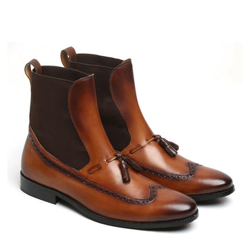 Tan Long Tail Wingtip Brogue Tassel Leather Boots by Brune & Bareskin