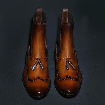 Tan Long Tail Wingtip Brogue Tassel Leather Boots by Brune & Bareskin