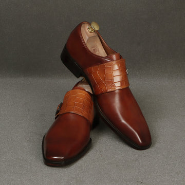 Single Monk Tan Croco Print Leather Buckled Strap Men's Brown Formal Shoes By Brune & Bareskin