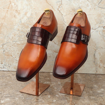Single Monk Tan-Dark Brown Croco Leather Strap Shoes by Brune & Bareskin