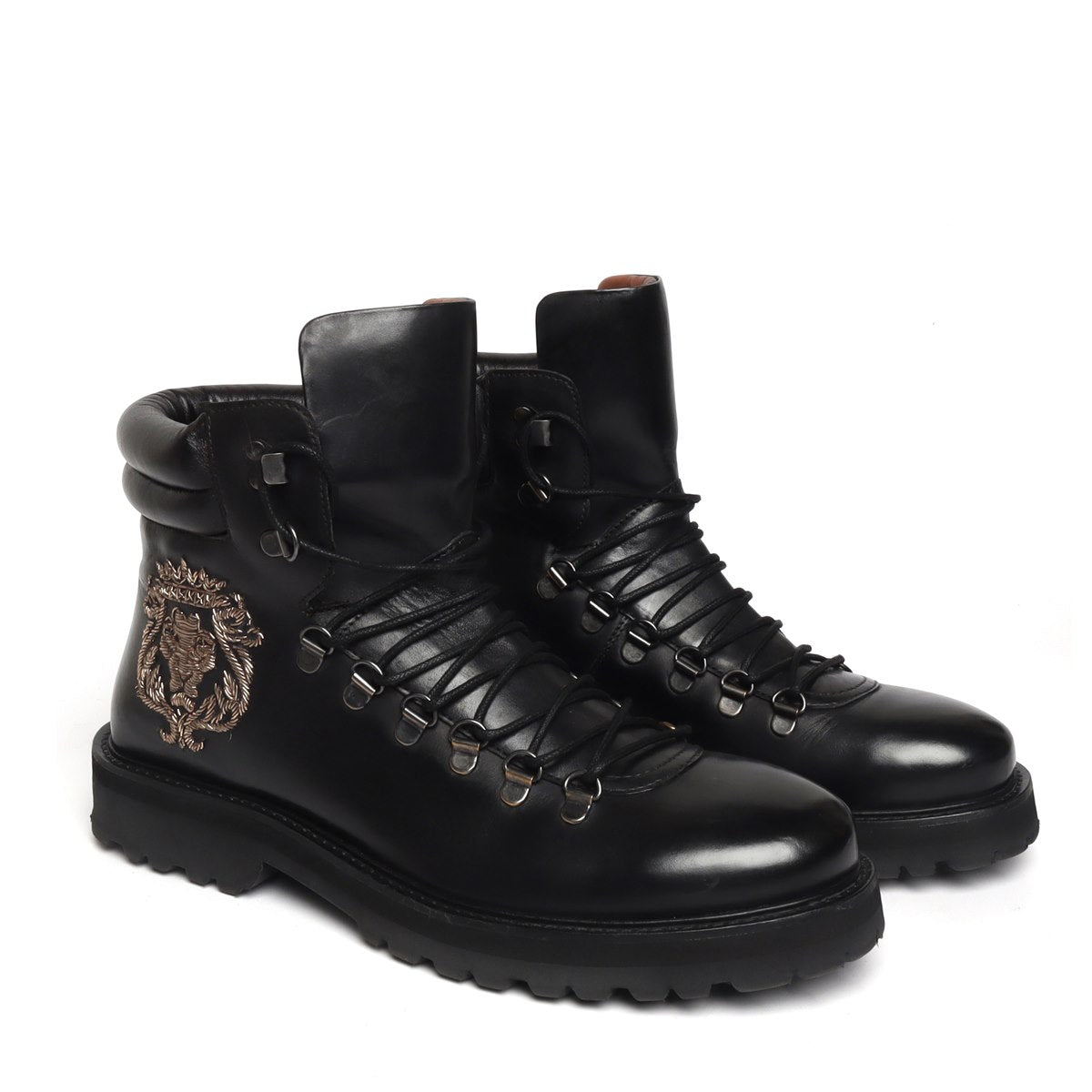 Black Lace-Up Chunky Boot With Zardosi Lion