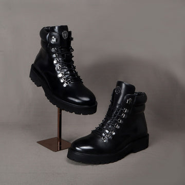 Side Zip Light Weight Biker Boots in Black Genuine Leather By Brune & Bareskin