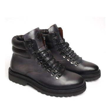 Charcoal Grey Leather Biker Boot In Feather Light Weight For Men By Brune & Bareskin