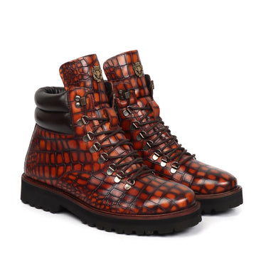 Orangish Tan Chunky Boot in Smokey Finish Light Weight Deep Cut Croco Textured Leather