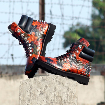 Hand Colored Light Weight Biker Boot Studded Premium Authentic Ostrich Camo Leather