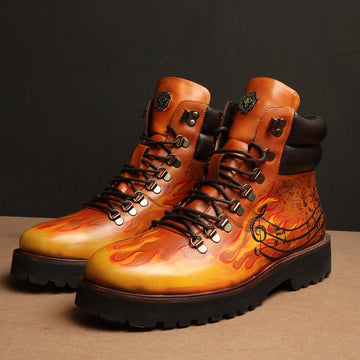 Light Weight Biker Boot for Men with Hand Painted Fire and Music Art Tan Leather