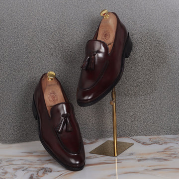 Dark Brown Leather Apron Toe Long Vamp Tassels Loafers For Men By Brune & Bareskin