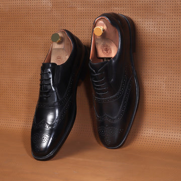 Black Leather Punching Brogue Oxford Lace-Up Shoe