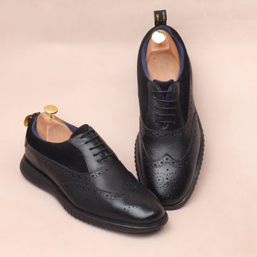 Black Leather Black Velvet Light Weight Dress Sneaker Brogue Oxford Shoe For Men by Brune & Bareskin