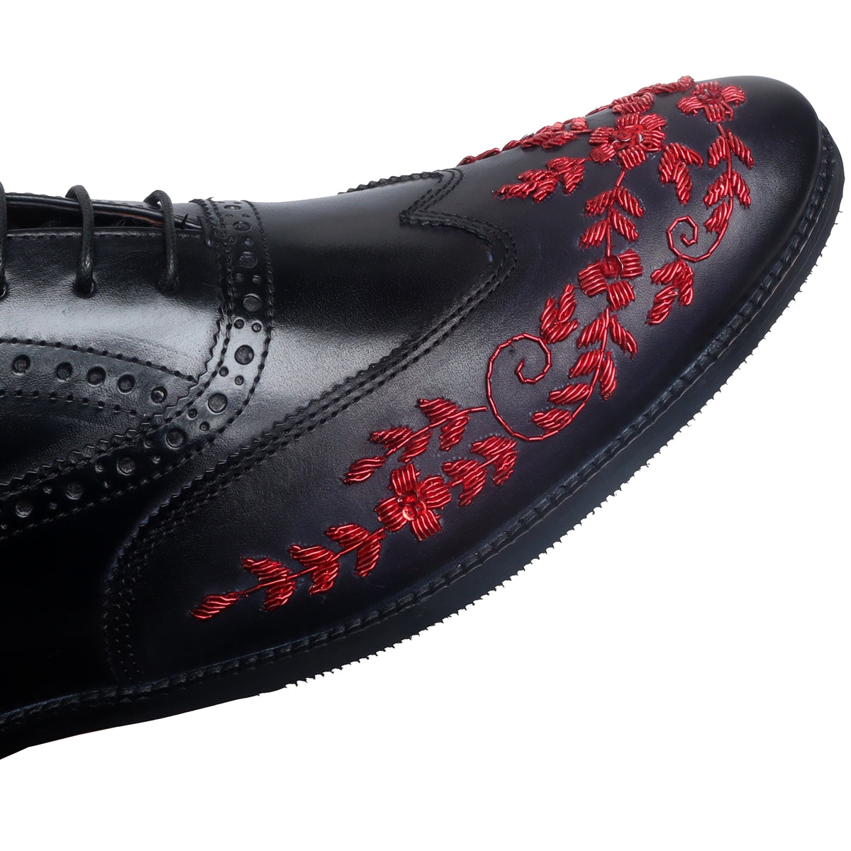 Red Leather Formal Lace-Up Shoes Black Zardosi Wingtip Toe by Brune 