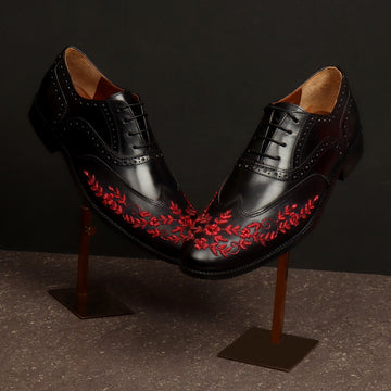 Black Leather Lace-Up Formal Shoes with Red Zardosi Wingtip Toe by Brune & Bareskin