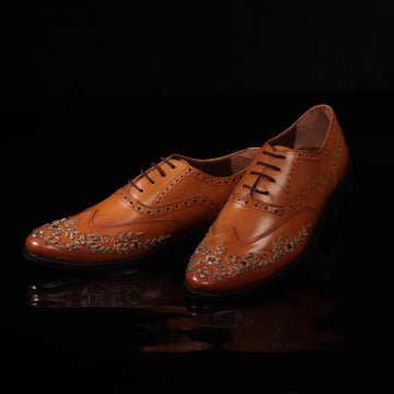 Zardosi Wingtip Oxford Lace-Up Formal Shoes in Tan genuine Leather by Brune & Bareskin