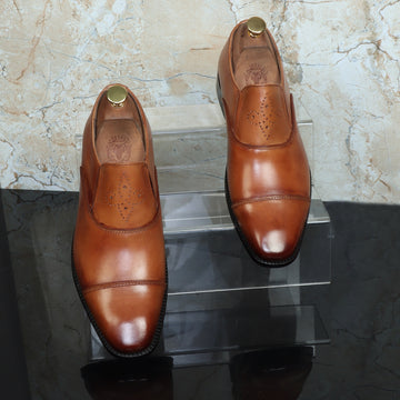 Tan Flattened Punching Cap Toe Leather Slip-Ons By Brune & Bareskin