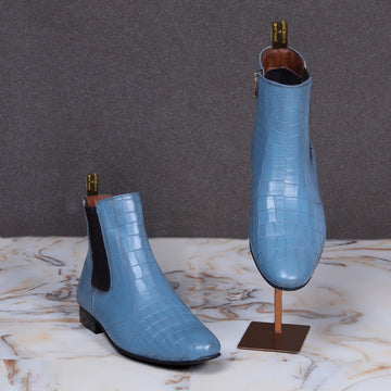 Sky Blue Chelsea Boots In Croco Textured Leather