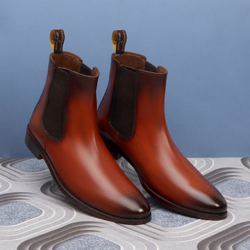 Burnished Chelsea Boots In Tan Leather with Leather Sole
