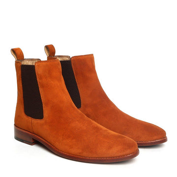 Orangish Tan Suede Leather Hand Made Chelsea Boots For Men By Brune & Bareskin