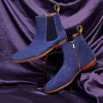 Zipper Blue Chelsea Boots In Suede Leather