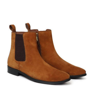 Tan Suede Leather Hand Made Chelsea Boots with Zip Closure For Men By Brune & Bareskin