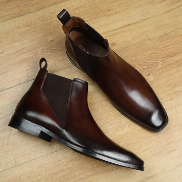 New shape Dark Brown Leather Chelsea Boot by Brune & Bareskin with a Stylish Sharp Elastic Design