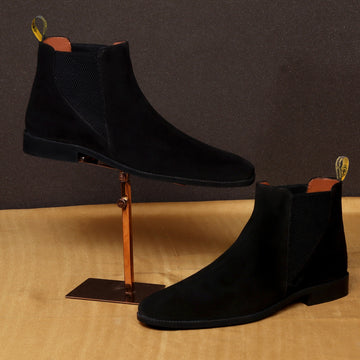 Black Suede Leather Chelsea Boot with a Stylish Sharp Elastic Design