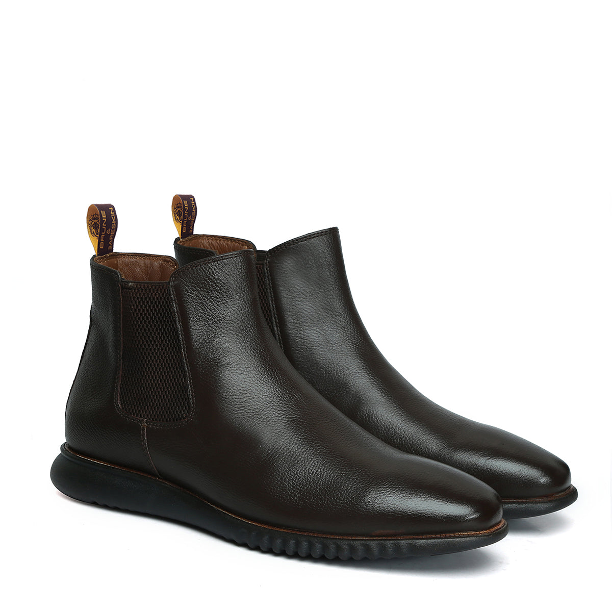 Dark Brown Grain Textured Leather Chelsea Boots with Light Weight Sole by Brune & Bareskin