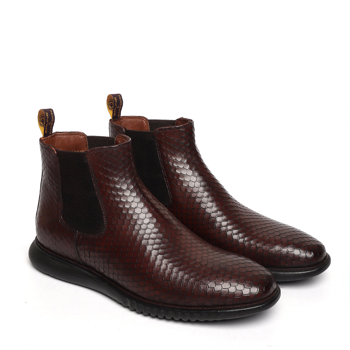 Dark Brown Chelsea Boot with Hand scaling Snake Skin Textured Leather Light weight sole