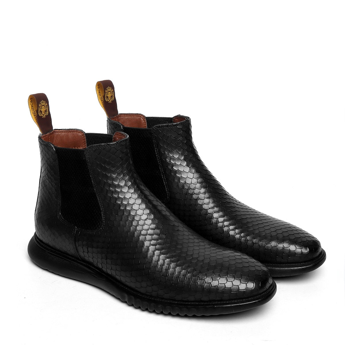Black Snake Skin Textured Leather Chelsea Boot with Hand scaling and Light weight sole by Brune & Bareskin