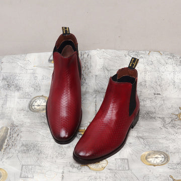 Wine Snake Skin Textured Leather Chelsea Boot For Men By Brune & Bareskin