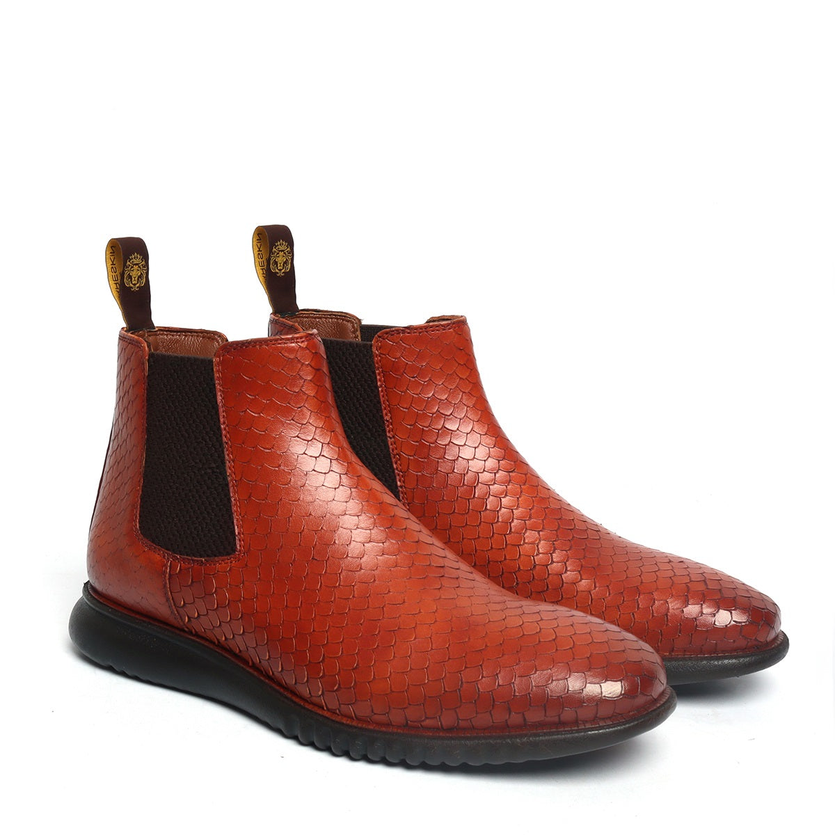 Hand scaling Tan Chelsea Boot in Snake Skin Textured Leather and Light weight sole By Brune & Bareskin