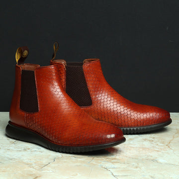 Hand scaling Tan Chelsea Boot in Snake Skin Textured Leather and Light weight sole By Brune & Bareskin
