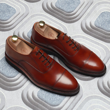 Cognac Cap Toe Sleek Look Lightweight Leather Shoes By Brune & Bareskin