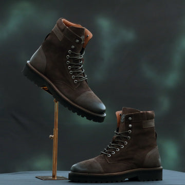 Dark Brown High Neck Biker Boot in Suede Leather Toe and Heal Cap by Brune & Bareskin