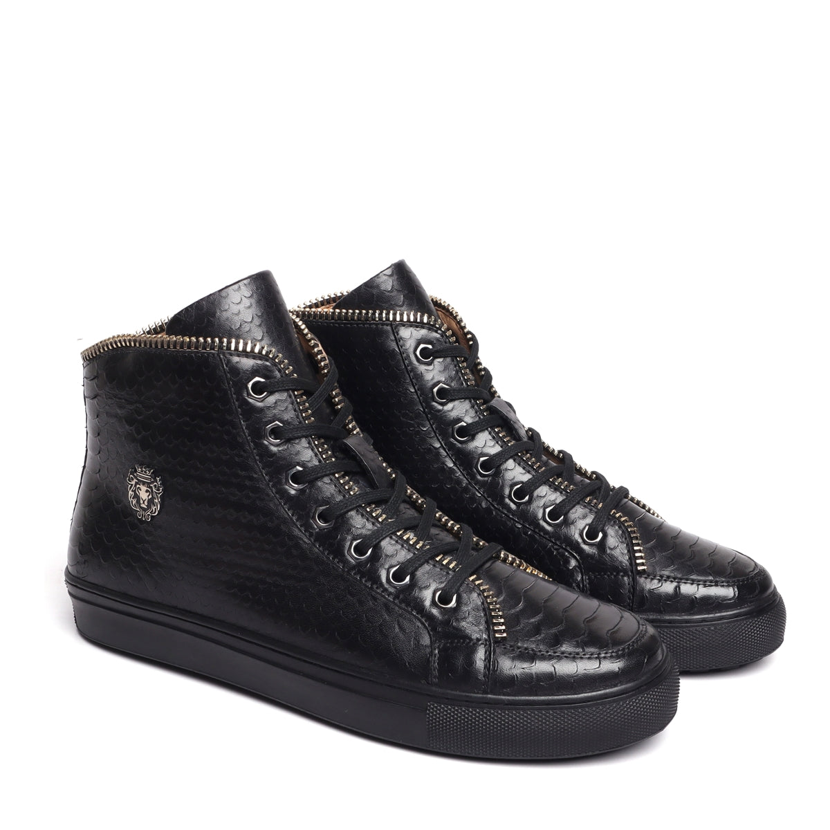 Black Snake Textured Leather Zip Embellished Sneakers by Brune & Bareskin