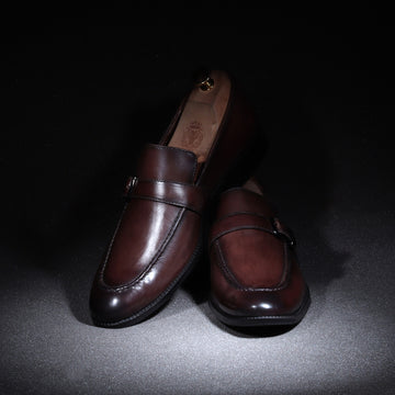 Single Monk Dark Brown Leather Apron Toe Buckle Strap Slip-On Shoe For Men By Brune & Bareskin