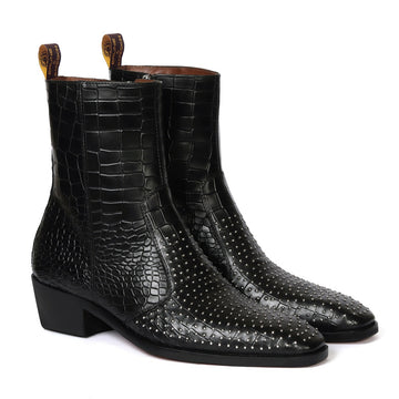Metal Fleck High Ankle Stitched Black Boot in Deep Cut Leather with Cuban Heel Zip Closure By Brune & Bareskin
