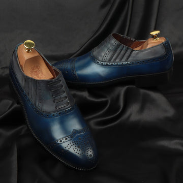 Dual Tone Grey Blue Lazy Man Stylish Wingtip Punching Brogues with Fixed Lace Oxfords by Brune & Bareskin