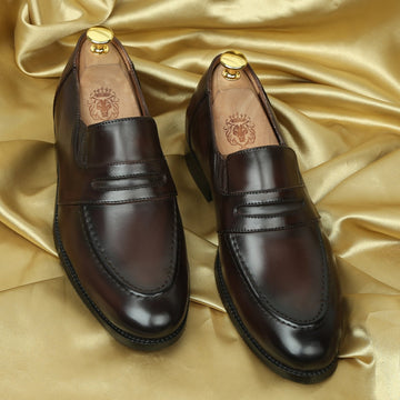 Burnished Dark Brown Penny Loafers in Genuine Leather