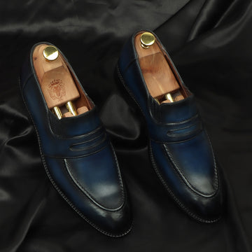Burnished Darker Blue Penny Loafers in Genuine Leather