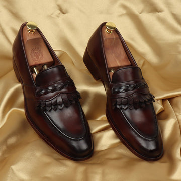 Weaved Strip Slip-On Loafers in Dark Brown Leather with Dual Fringes by Brune & Bareskin