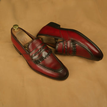 Wine Leather Slip-On Loafers with Dual Fringes Weaved Strip By Brune & Bareskin