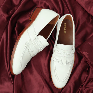 Dual Fringes Slip-On Loafers in White Leather with Weaved Strip by Brune & Bareskin