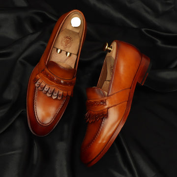 Dual Fringes Weaved Strip Slip-On Loafer in Tan Leather by Brune & Bareskin